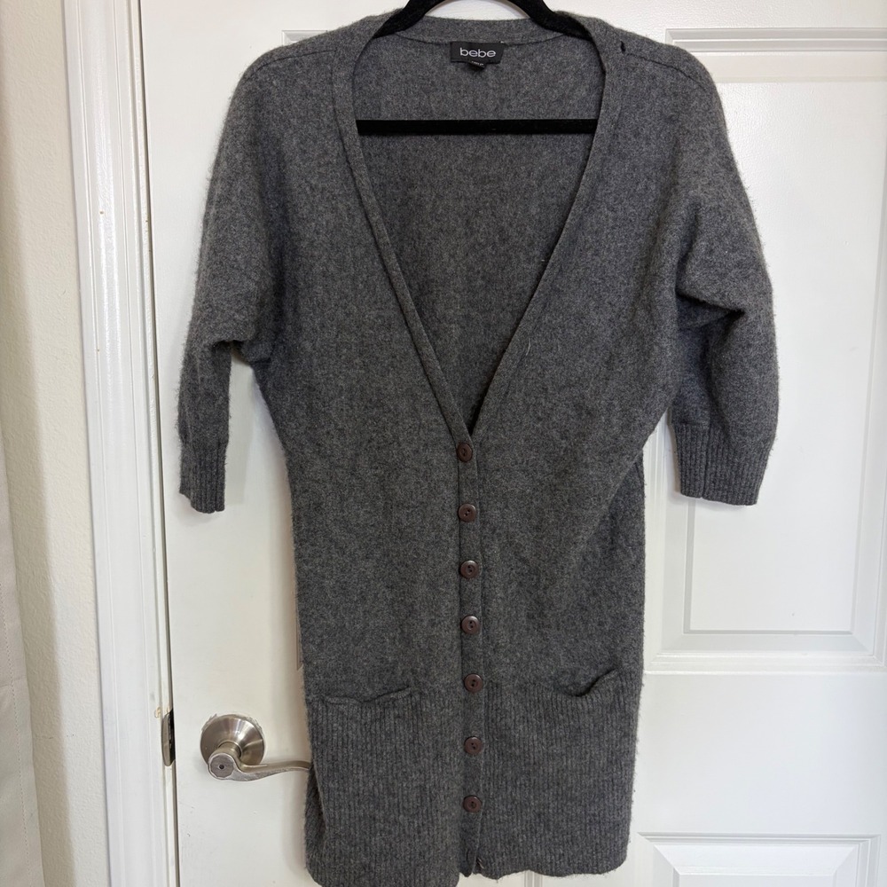 Bebe 100% Cashmere Longline Cardigan Heather Grey V-Neck Dolman Sleeve Size M